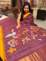 Winish Brown  Pure  handloom Ponduru Khadi jamdani Saree with swan pallu SS50362