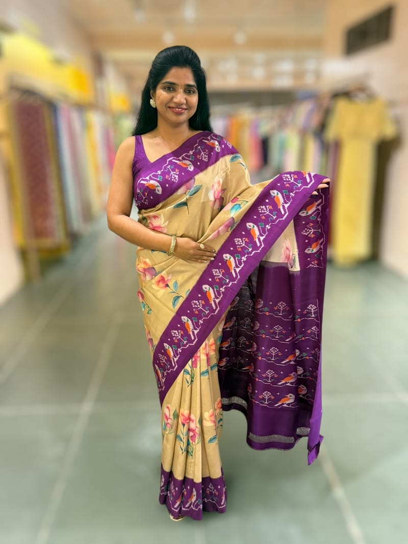 Chickoo & Purple combo Printed ikkath Patola saree