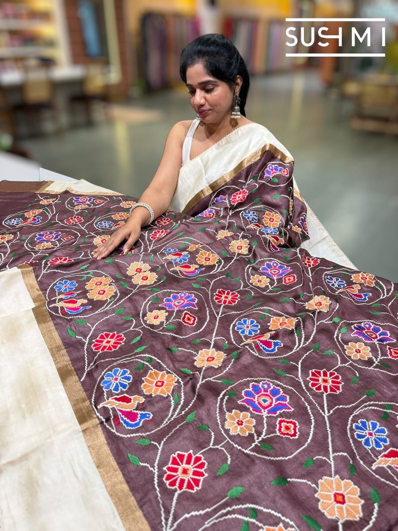 Brown Pure tussar with patola inspired embroidery: S62F194