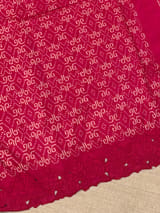 Reddish Pink Cambodian–inspired Ikkat Silk Saree with cutwork Rose Border