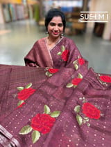 Winish Brown muslin tissue stripes saree with hibuscus emb