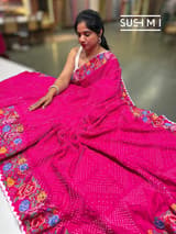 Fuschia Pink Pure Gajji Silk Rai bandhej Saree with petite point embroidery
