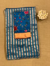 Cobalt Blue Mul tissue stripes saree with fusion blouse : D62137
