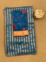 Cobalt Blue Mul tissue stripes saree with fusion blouse : D62137