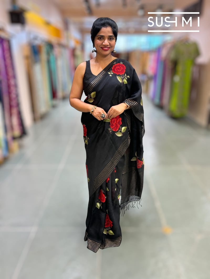 Black Muslin Saree with Pocket Sequins & Hibiscus Embroidery