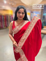 Red Satin Saree with sabyasachi borders : D62F054