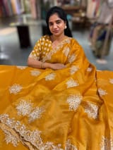 Orangish Mustard Designer Organza Handwork Saree