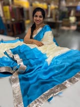 Ivory & Blue Combo Chinnon Crepe Saree with Gotapatti Borders SS50610