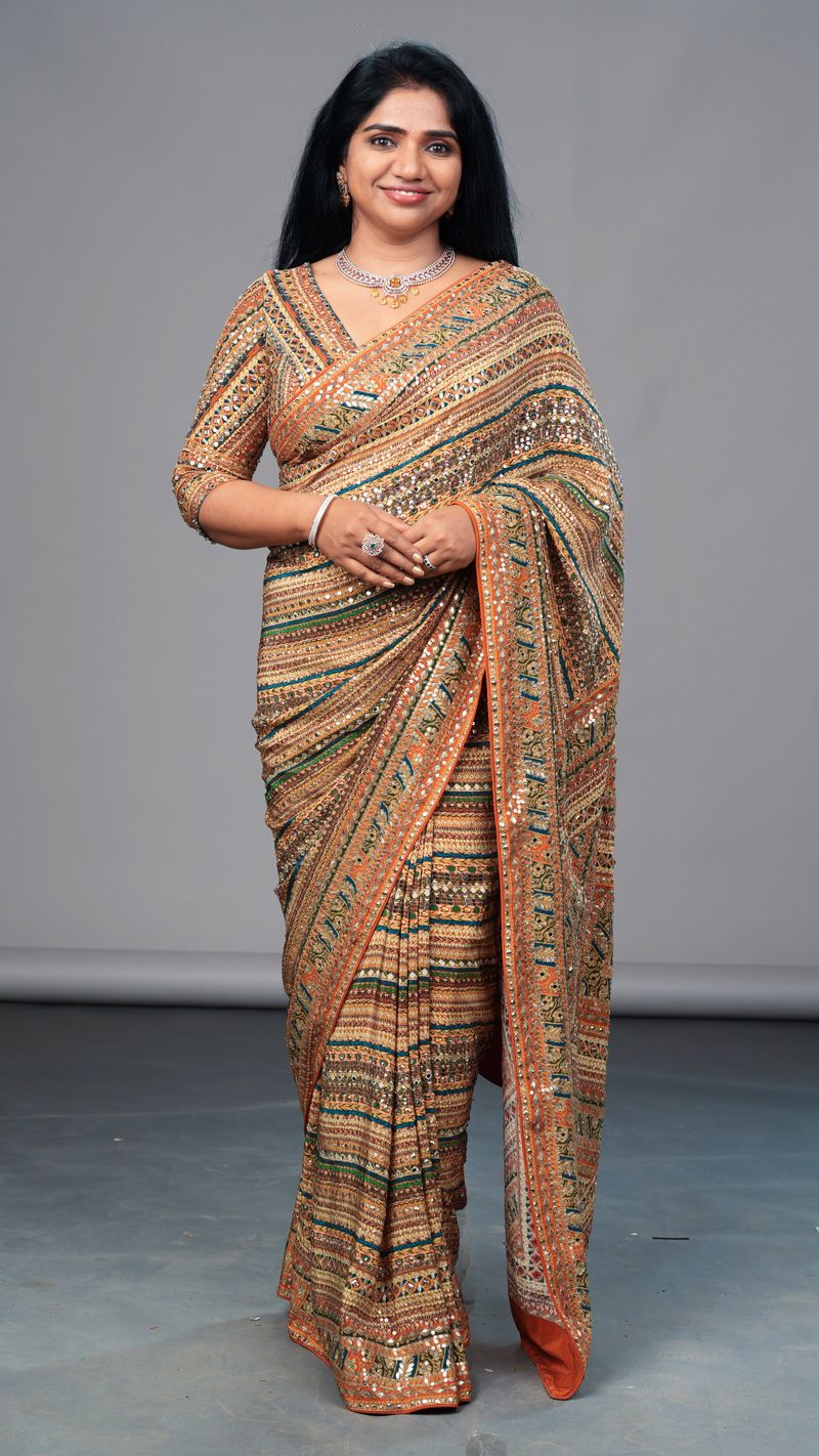 Designer Printed Crepe Silk Saree with embroidery