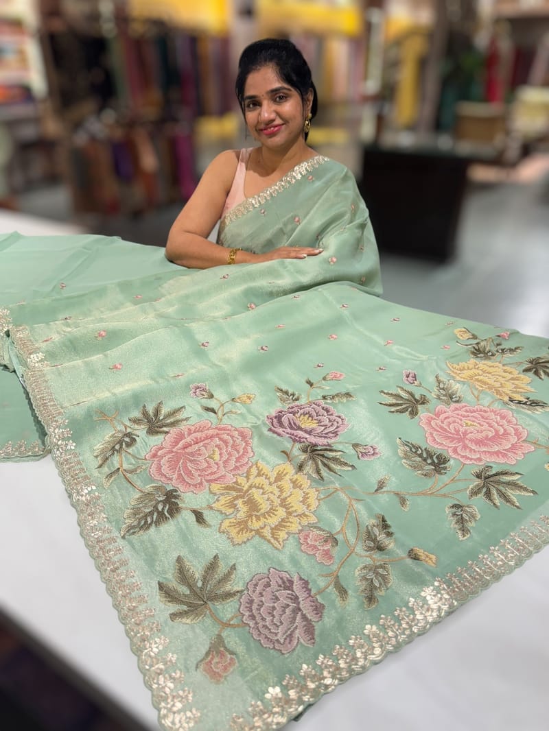 Mint Tissue Georgette Saree with petite point emb SS50111