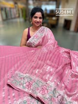 Coral Pink mul tissue Saree with embroidery