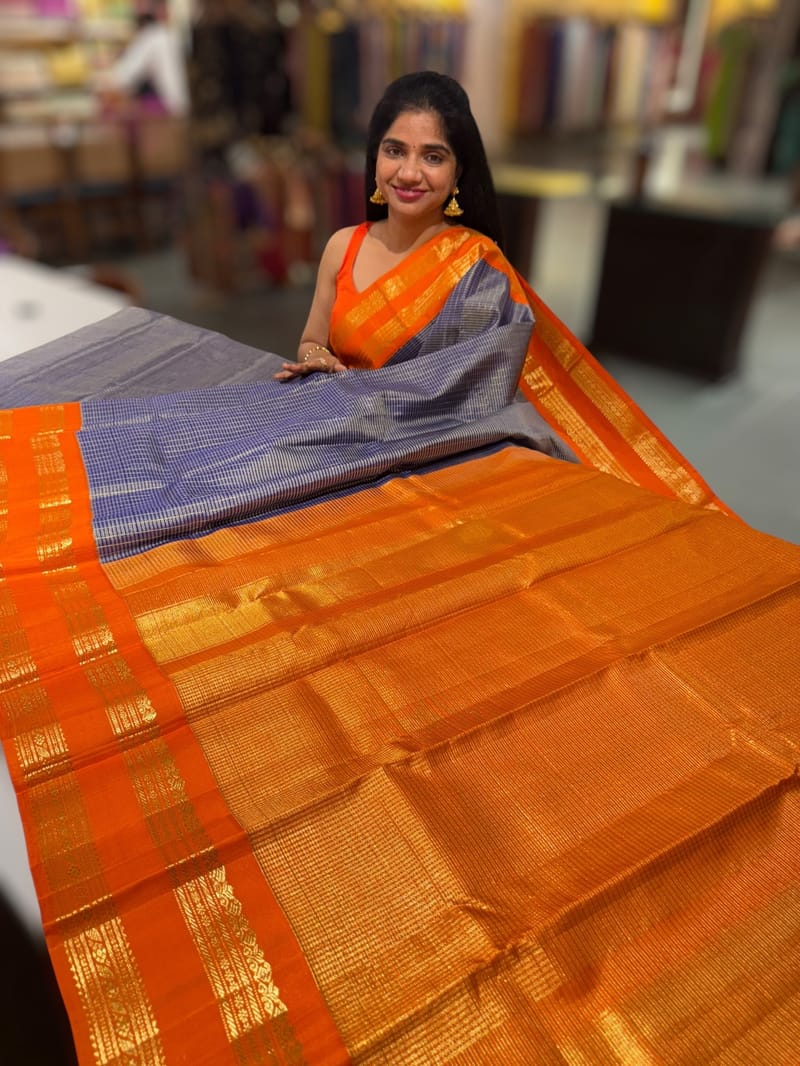 Blue & Orange Combo Vintage Checks Gap Border Kanjeevaram Saree SS50167