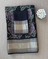 Black Pure Handloom Chiniya Silk Saree with stunning Floral Print and zari borders SS50100
