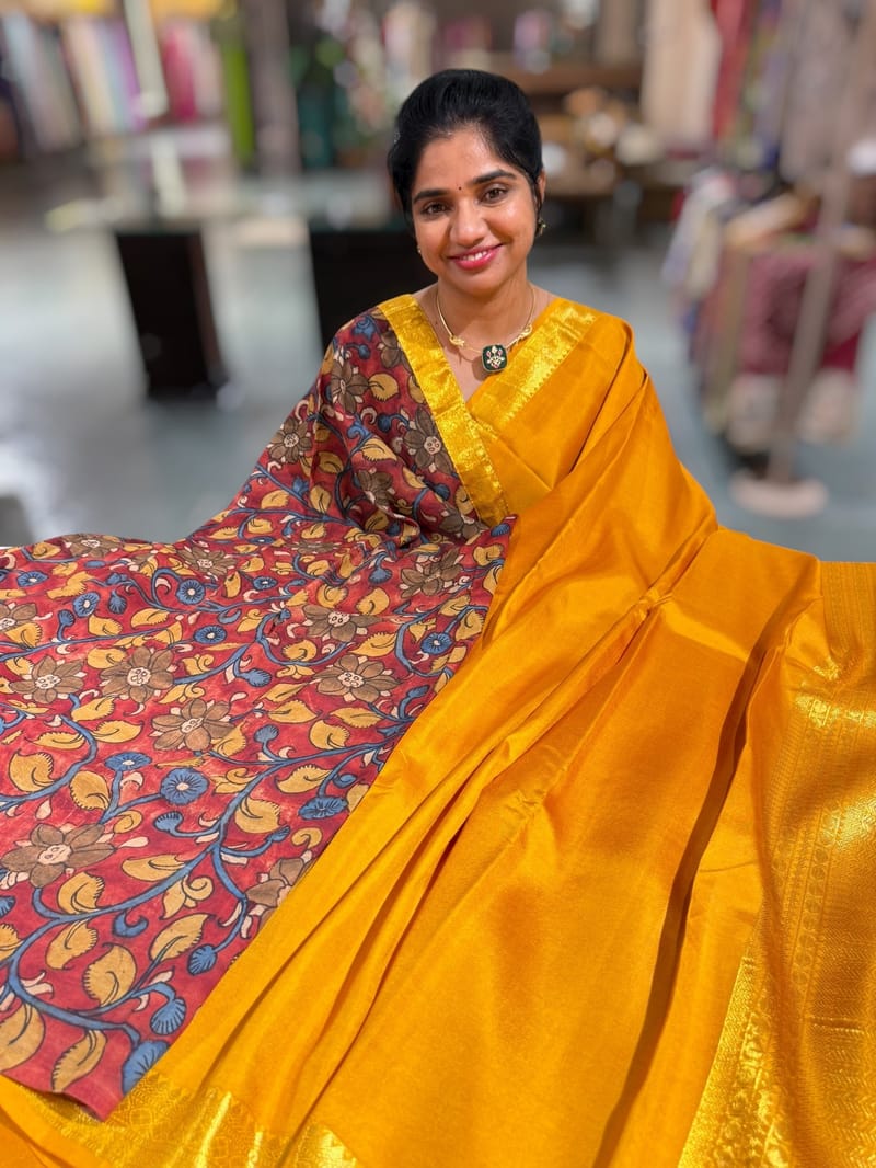 Mustard vintage Kanchipuram silk saree with pen kalamkari blouse SS50177