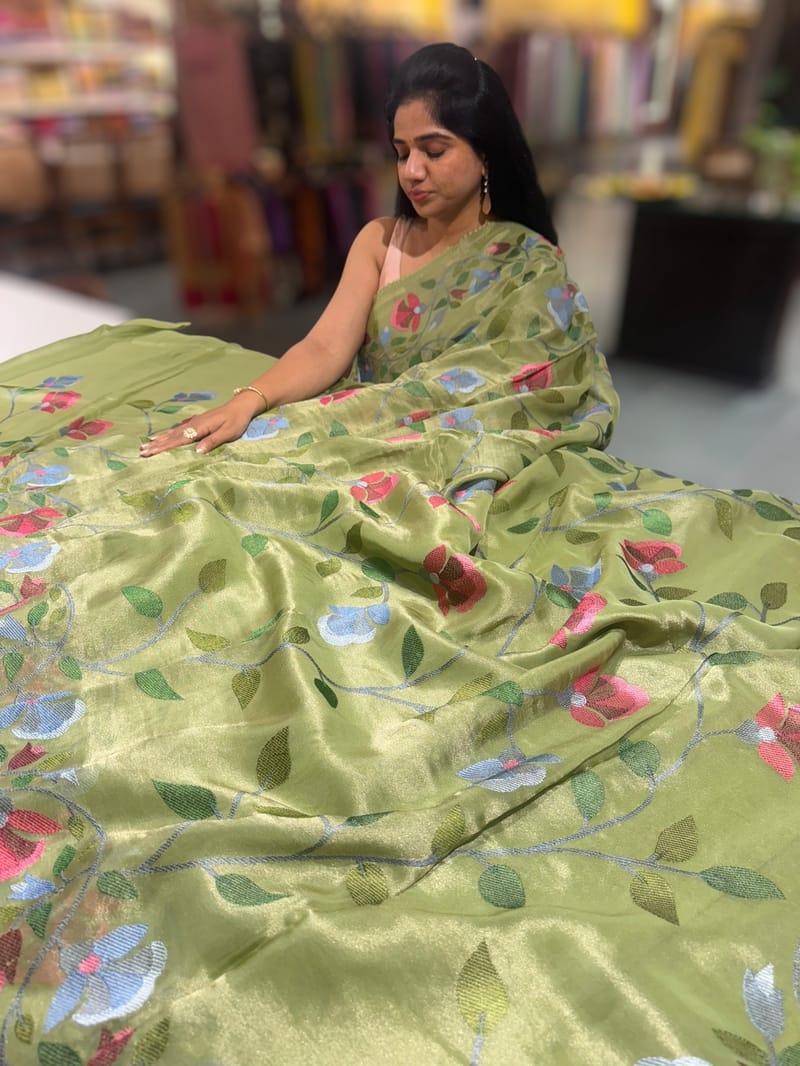 Sage Green Tissue georgette saree with embroidery