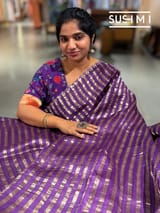 Purple Mul tissue stripes saree with fusion blouse : D62136