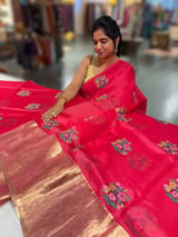 Pinkish Red Organza Saree with pure Tissue Border SS50293