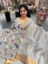 Silver tissue checks Saree with pythani inspired embroidered tissue blouse