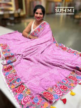 Lilac Pink Pure Gajji Silk Rai bandhej Saree with petite point embroidery