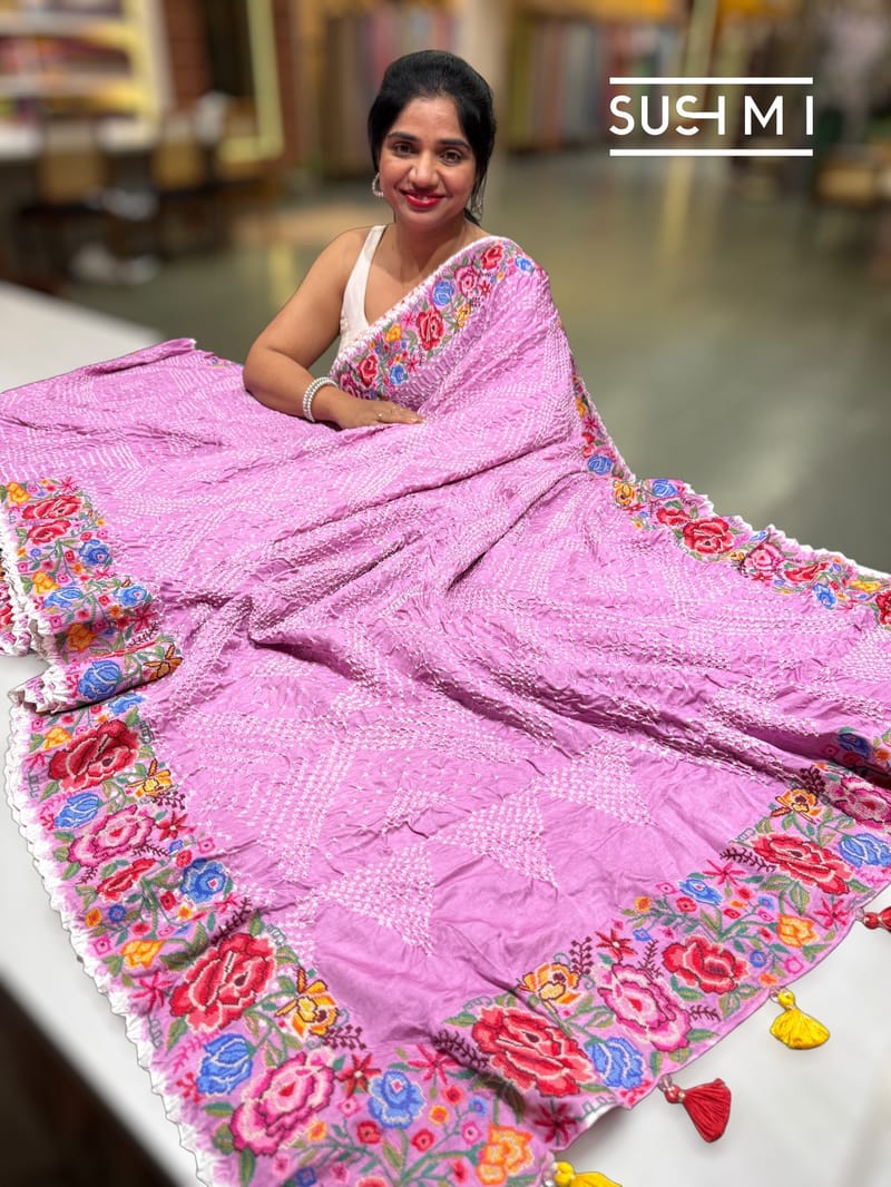 Lilac Pink Pure Gajji Silk Rai bandhej Saree with petite point embroidery