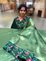 Bottle green Banarasi Tissue with petite point embroidery: S62F185