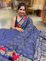 Midnight Blue mysore silk with embroidered border S62F061