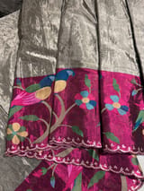 Greyish Silver Chanderi Tissue Saree with pythani inspired parrot embroidered border SS50230