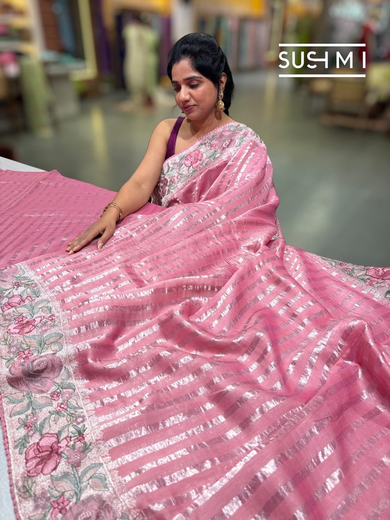 Coral Pink mul tissue Saree with embroidery