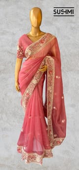 Brick Red Pure Organza Saree with heavy intricate Handwork DSCL044
