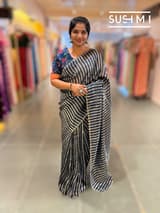 Midnight blue Mul tissue stripes saree with fusion blouse : D62134