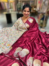Maroon Pure Satin Saree with embroidered border and blouse