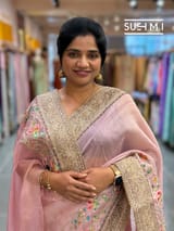 Dusty Pink Organza Banarasi Fusion Saree with Bird Appliqué