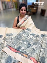 Ivory Tussar pen kalamkari printed saree