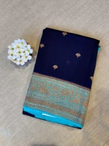 Purplish navy with blue Combo Pure Handloom premium Kora Banarasi  Saree