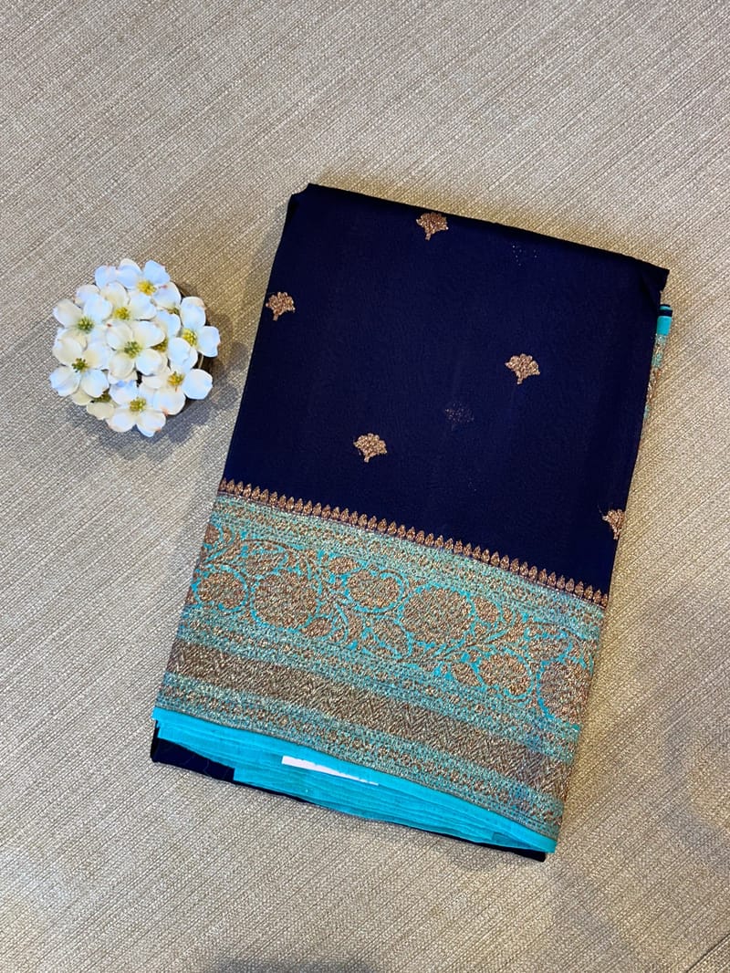 Purplish navy with blue Combo Pure Handloom premium Kora Banarasi  Saree
