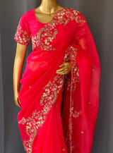 Bright Pink Pure Organza Handwork saree