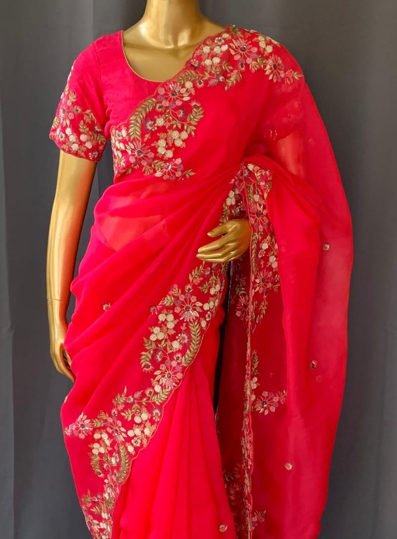 Bright Pink Pure Organza Handwork saree
