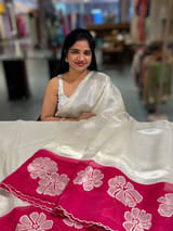 silver Banarasi Tissue saree with Pink organza applique work border SS50228