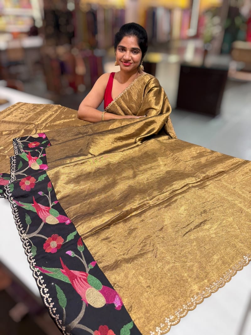 Antique Gold Chanderi Tissue Saree with pythani inspired parrot embroidered border SS50229