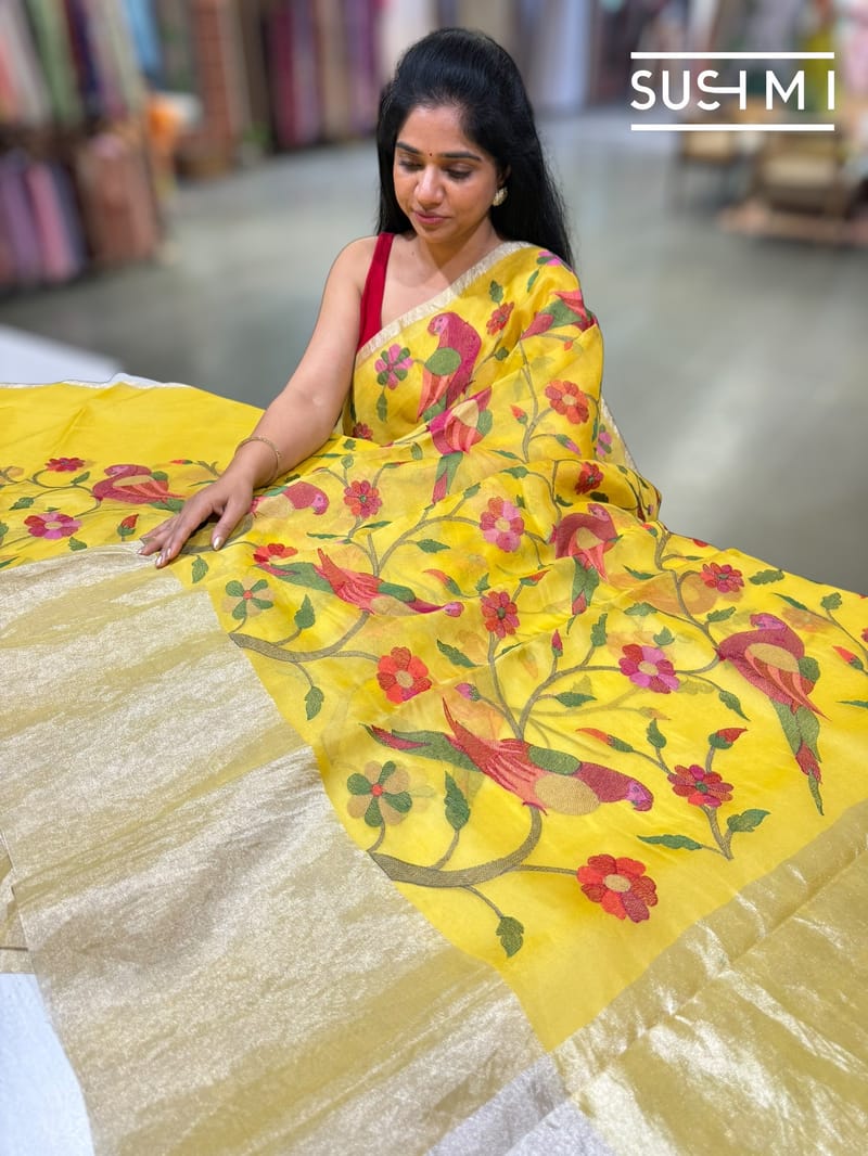 Yellow Pure Organza Saree with pythani embroidery : S62F161