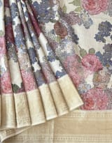 Ivory Pure Handloom Chiniya Silk Saree with stunning 3D Floral Print and zari borders SS50101