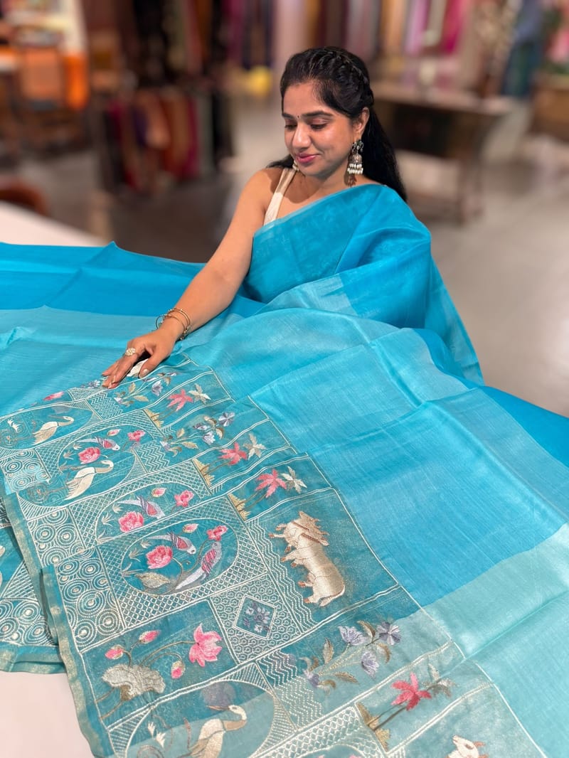 Copper Sulphate Blue Kora-Tussar blend Handloom Saree with Tissue embroidered Skirt Border
