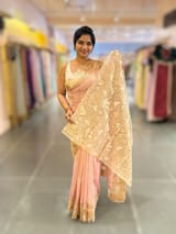 Pastel Pink Mul Tissue Stripes Saree With Tissue Cutwork  Border & Blouse