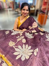 Dark Wine Designer Organza with Tissue applique work