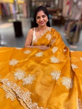 Orangish Mustard Designer Organza Handwork Saree
