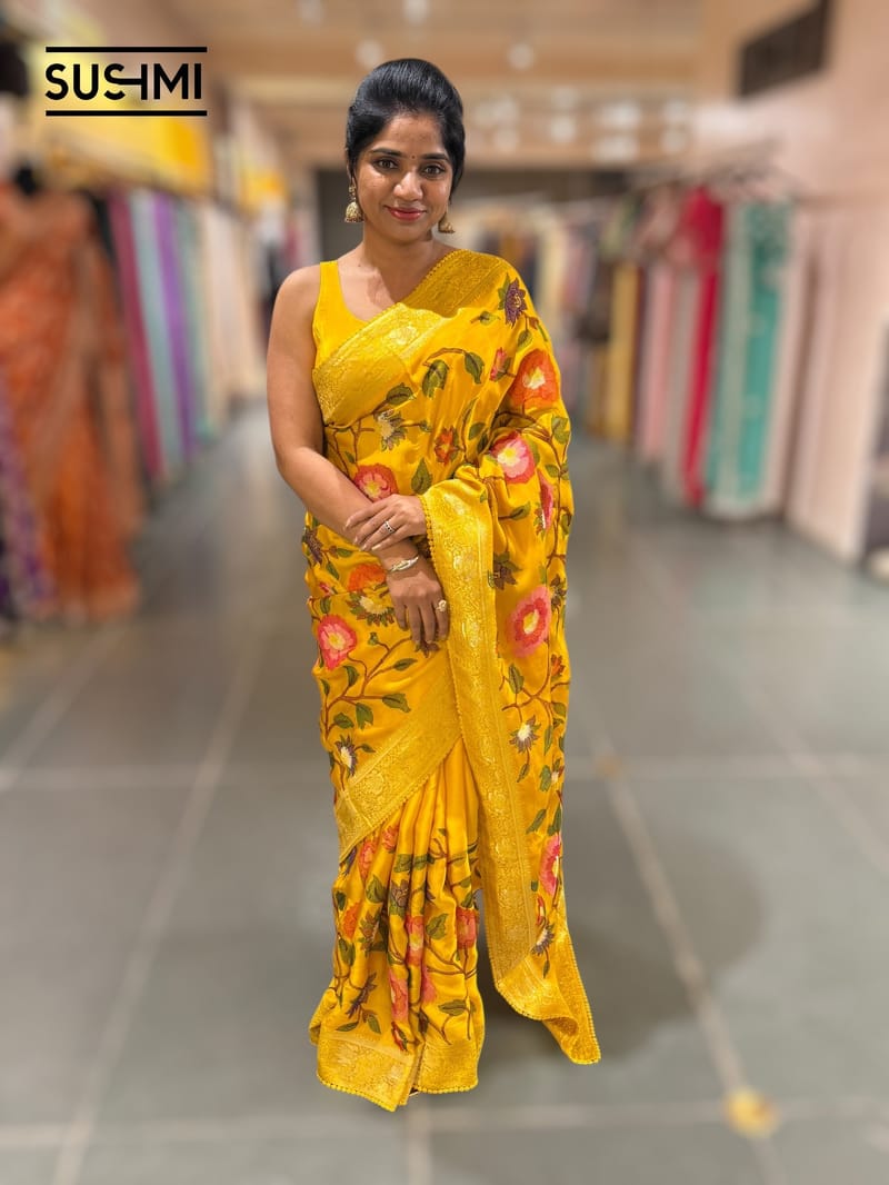 Sunflower Yellow Banaras Mashru Silk with embroidery