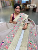 Muted Earthy Dove tone Organza Banarasi Fusion Saree with Bird Appliqué