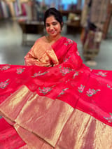 Pinkish Red Organza Saree with pure Tissue Border SS50293