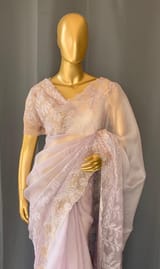 Lilac Organza Saree with tissue cutwork Rose border