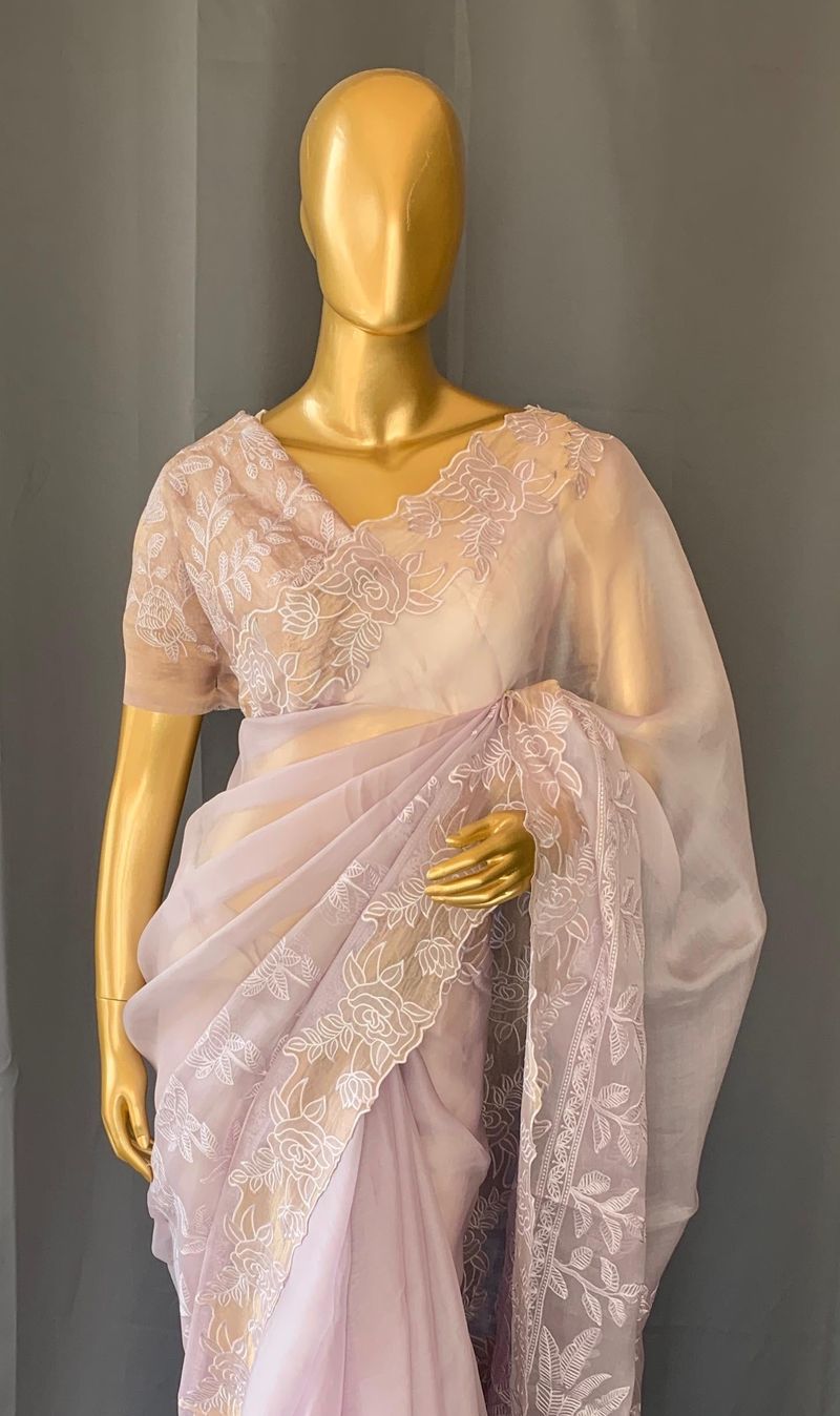 Lilac Organza Saree with tissue cutwork Rose border